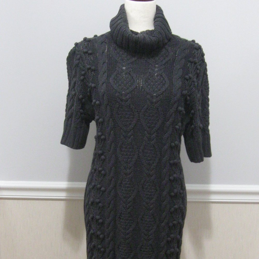 Funnel Neck Aran Cable Knit Sweater Dress Charcoal Gray Knee Length sz M